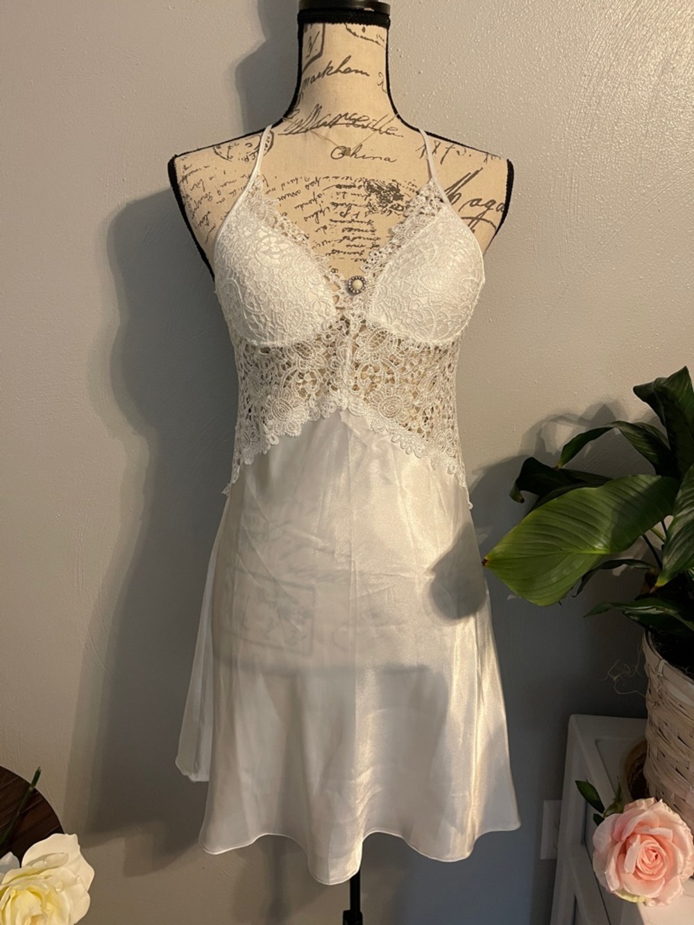 White Lace Satin Babydoll Slip Dress Open Back Bridal Lingerie S